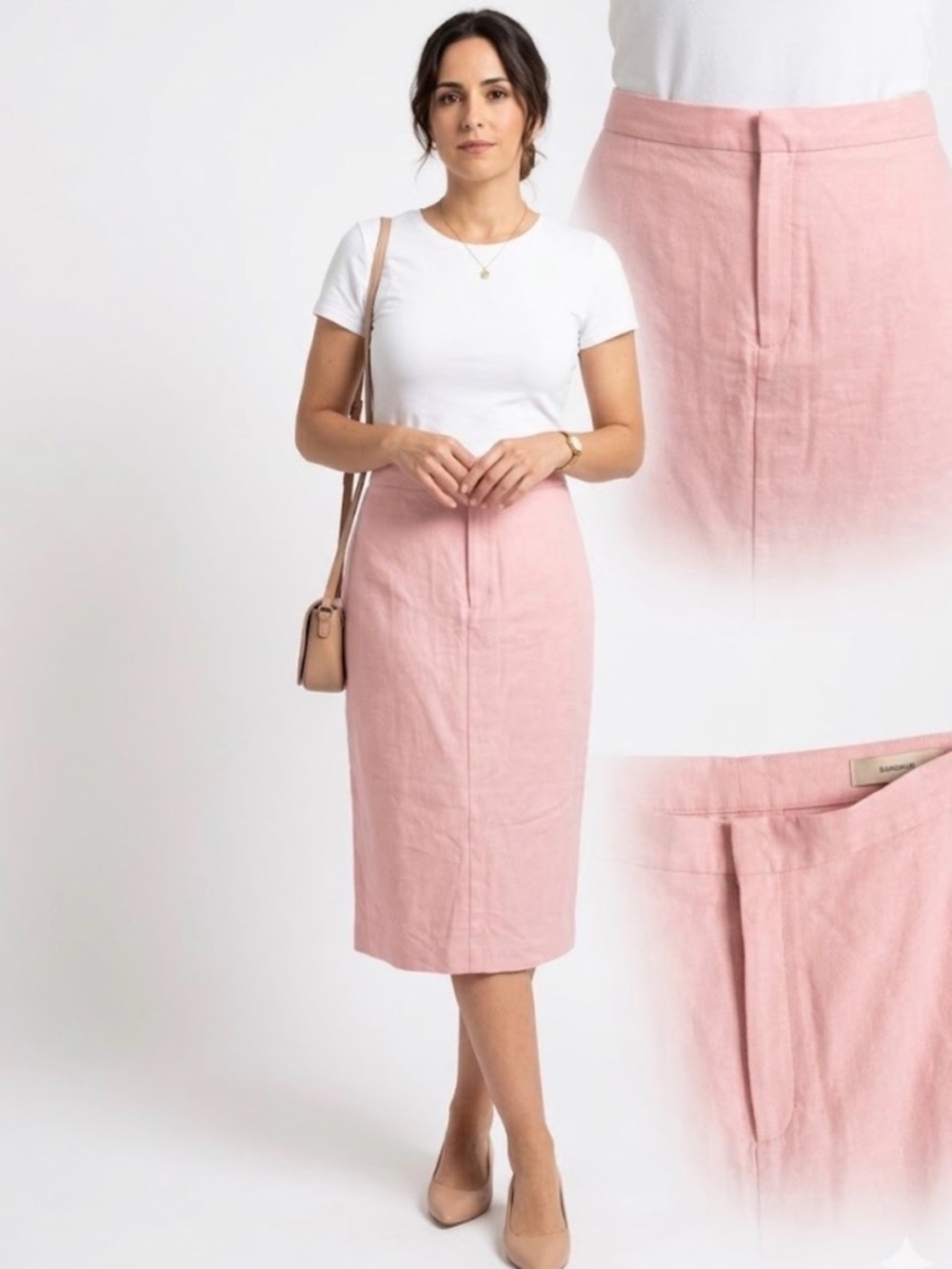 Banana Republic Soft Pink Linen-Blend Midi Pencil Skirt